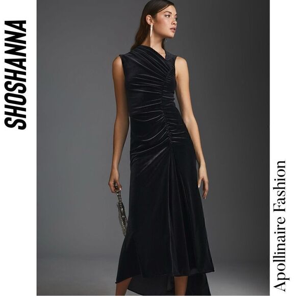 SHOSHANNA FOR ANTHROPOLOGIE RUCHED ASYMMETRICAL BLACK VELVET GOWN NWT SIZE 8 - Picture 3 of 9